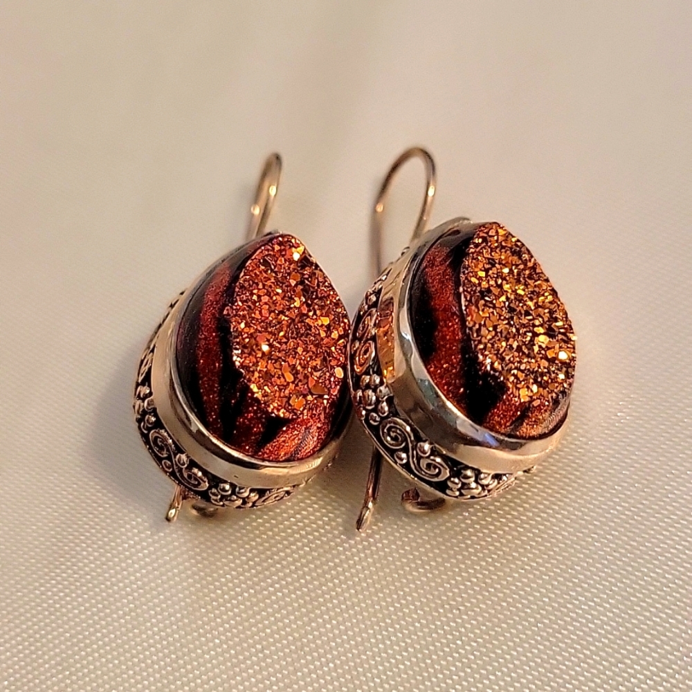 Tiger stripe druzy teardrop shape latchback earrings in sterling silver